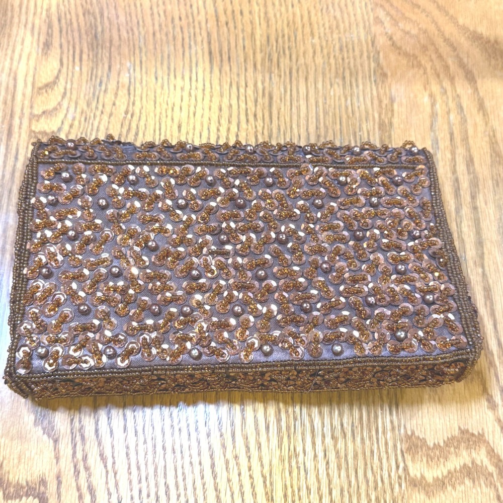 Bijoux Terner Copper Beaded Sequin Evening Clutch Scalloped Flap Brown Bag - Picture 6 of 9